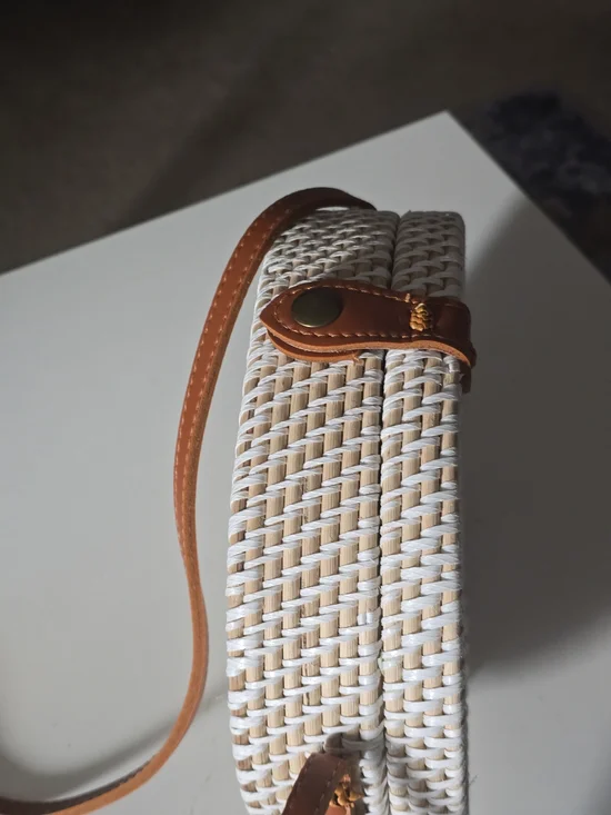 Woven Round Crossbody Bag in White and Tan - Picture 3 of 6